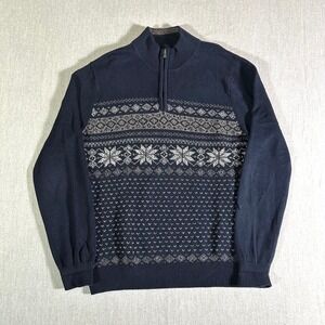 Croft & Barrow Sweater Mens Large 1/4 Zip Navy Blue Fair Isle Snowflake Holiday